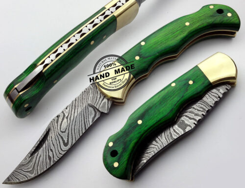 Back Lock Damascus Folding Knife Custom Handmade Damascus Steel Hunting Knife Damascus Folding Knife With Colored Wood Handle Leather Sheaths 1576 - Image 2