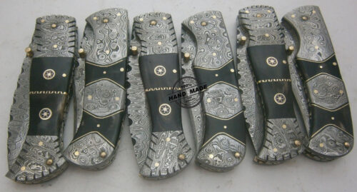 Lot Of 6 PCs Damascus Folding Liner Lock Knives Custom Handmade Damascus Steel Hunting Pocket Folding Knives With Buffalo Horn Handle Leather Sheaths 1574 - Image 3