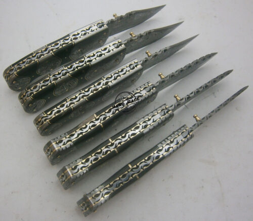 Lot Of 6 PCs Damascus Folding Liner Lock Knives Custom Handmade Damascus Steel Hunting Pocket Folding Knives With Buffalo Horn Handle Leather Sheaths 1574 - Image 5