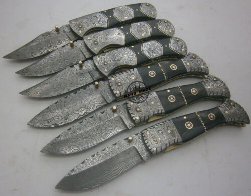 Lot Of 6 PCs Damascus Folding Liner Lock Knives Custom Handmade Damascus Steel Hunting Pocket Folding Knives With Buffalo Horn Handle Leather Sheaths 1574 - Image 2