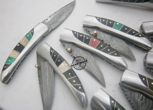 Lot Of 10 PCs Damascus Folding Liner Lock Knives Custom Handmade Damascus Steel Hunting Pocket Folding Knives With Leather Sheaths 1575 - Image 3