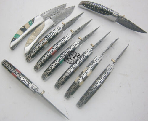 Lot Of 10 PCs Damascus Folding Liner Lock Knives Custom Handmade Damascus Steel Hunting Pocket Folding Knives With Leather Sheaths 1575 - Image 4