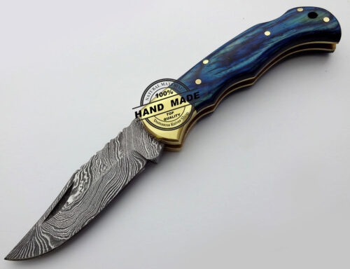 Damascus Folding Back Lock Knife Custom Handmade Damascus Steel Hunting Knife Damascus Pocket Folding Knife With Colored Wood Handle Leather Sheaths 1578