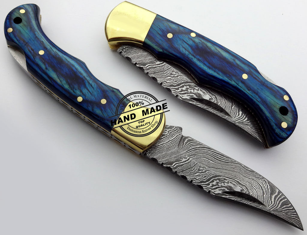 knife 6.5 Blue Wood Damascus Steel Pocket Knife Folding Pocket