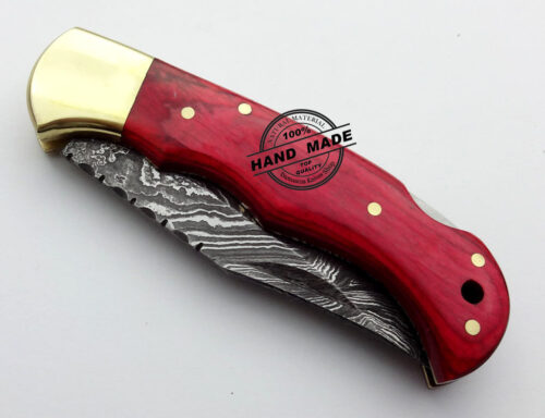 Damascus Folding Back Lock Knife Custom Handmade Damascus Steel Hunting Knife Damascus Pocket Folding Knife With Red Colored Wood Handle Leather Sheaths 1579 - Image 5