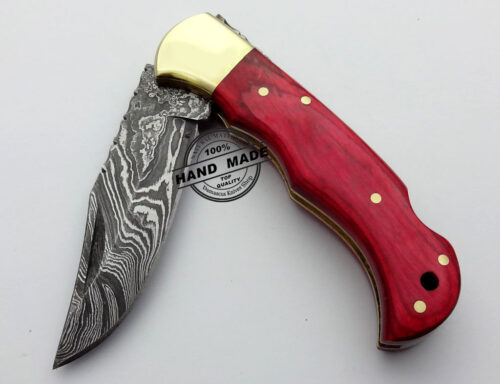 Damascus Folding Back Lock Knife Custom Handmade Damascus Steel Hunting Knife Damascus Pocket Folding Knife With Red Colored Wood Handle Leather Sheaths 1579 - Image 3
