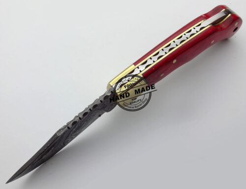 Damascus Folding Back Lock Knife Custom Handmade Damascus Steel Hunting Knife Damascus Pocket Folding Knife With Red Colored Wood Handle Leather Sheaths 1579 - Image 4