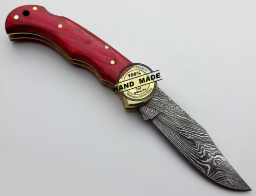 Damascus Folding Back Lock Knife Custom Handmade Damascus Steel Hunting Knife Damascus Pocket Folding Knife With Red Colored Wood Handle Leather Sheaths 1579