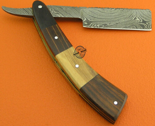 Custom Handmade Razor Forged Finest Gentleman's Wet Shaving Grooming Damascus Steel Rosewood Olive Wood Pakkawood and Buffalo Horn Handle With Leather Sheaths 2115