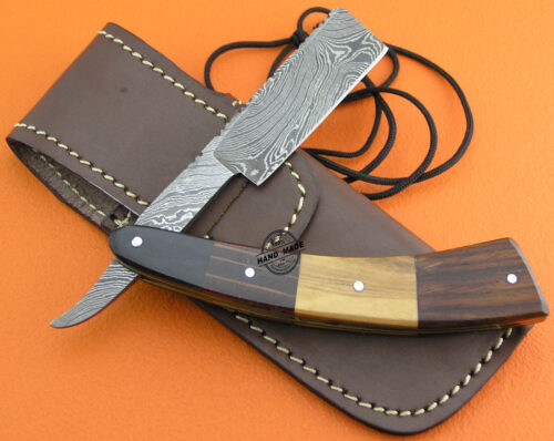 Custom Handmade Razor Forged Finest Gentleman's Wet Shaving Grooming Damascus Steel Rosewood Olive Wood Pakkawood and Buffalo Horn Handle With Leather Sheaths 2115 - Image 3