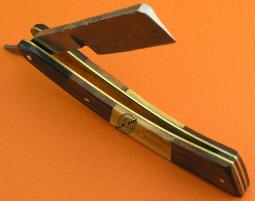 Custom Handmade Razor Forged Finest Gentleman's Wet Shaving Grooming Damascus Steel Rosewood Olive Wood Pakkawood and Buffalo Horn Handle With Leather Sheaths 2115 - Image 4