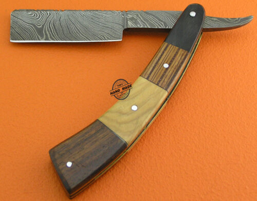 Custom Handmade Razor Forged Finest Gentleman's Wet Shaving Grooming Damascus Steel Rosewood Olive Wood Pakkawood and Buffalo Horn Handle With Leather Sheaths 2115 - Image 6