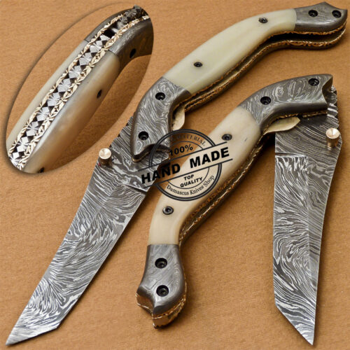 Custom Handmade Damascus Folding Liner Lock Knife With Camel Bone Handle 802