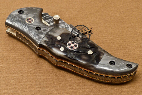Liner Lock Damascus Folding Knife Custom Handmade Forged Damascus Folding Knife With Ram Horn Handle 804 - Image 10