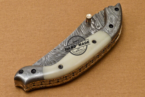 Custom Handmade Damascus Folding Liner Lock Knife With Camel Bone Handle 802 - Image 10