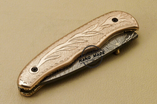 Custom Handmade Engraving Damascus Folding Liner Lock Knife With Copper Handle 813 - Image 9