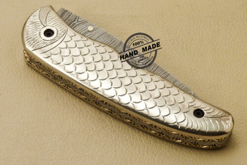 Custom Handmade Engraving Damascus Folding Liner Lock Knife With Copper Handle 814 - Image 10