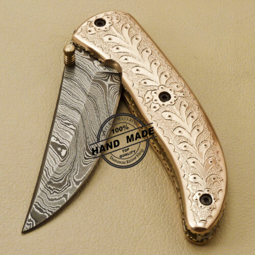 Custom Handmade Engraving Damascus Folding Liner Lock Knife With Copper Handle 815 - Image 6