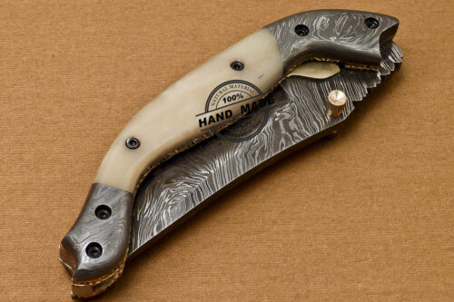 Custom Handmade Damascus Folding Liner Lock Knife With Camel Bone Handle 802 - Image 11