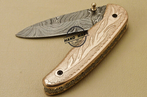 Custom Handmade Engraving Damascus Folding Liner Lock Knife With Copper Handle 813 - Image 7