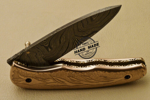 Custom Handmade Engraving Damascus Folding Liner Lock Knife With Copper Handle 813 - Image 8