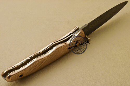Custom Handmade Engraving Damascus Folding Liner Lock Knife With Copper Handle 813 - Image 6