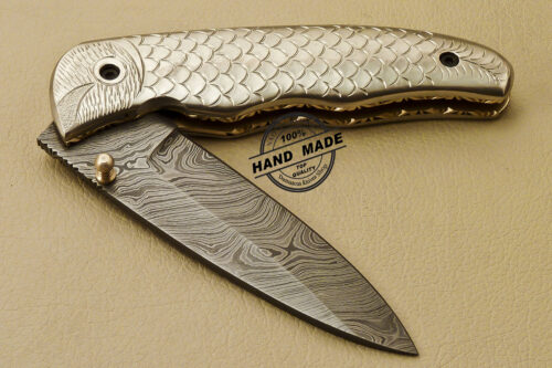 Custom Handmade Engraving Damascus Folding Liner Lock Knife With Copper Handle 814 - Image 9
