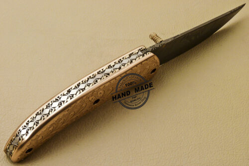 Custom Handmade Engraving Damascus Folding Liner Lock Knife With Copper Handle 815 - Image 7