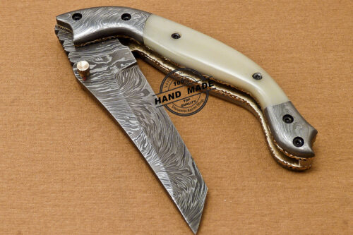 Custom Handmade Damascus Folding Liner Lock Knife With Camel Bone Handle 802 - Image 8