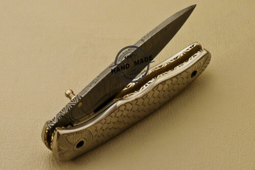 Custom Handmade Engraving Damascus Folding Liner Lock Knife With Copper Handle 814 - Image 7