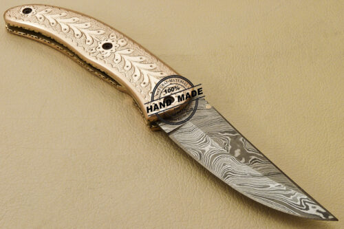 Custom Handmade Engraving Damascus Folding Liner Lock Knife With Copper Handle 815 - Image 4