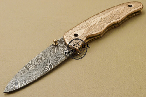 Custom Handmade Engraving Damascus Folding Liner Lock Knife With Copper Handle 813 - Image 3