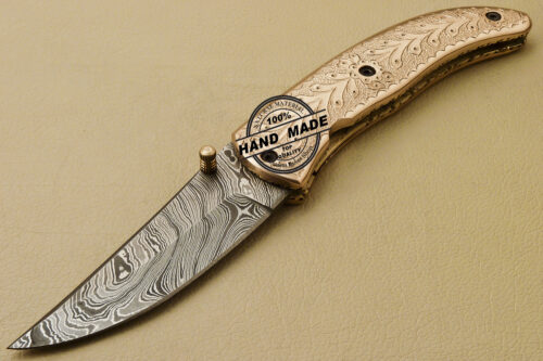 Custom Handmade Engraving Damascus Folding Liner Lock Knife With Copper Handle 815 - Image 3