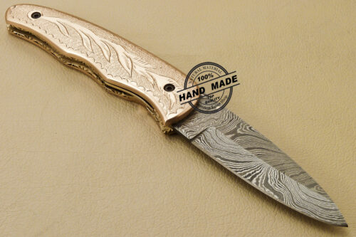Custom Handmade Engraving Damascus Folding Liner Lock Knife With Copper Handle 813 - Image 4