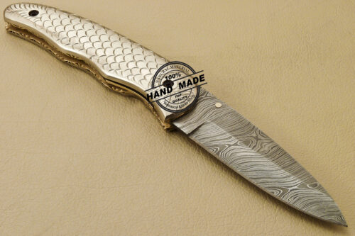 Custom Handmade Engraving Damascus Folding Liner Lock Knife With Copper Handle 814 - Image 4