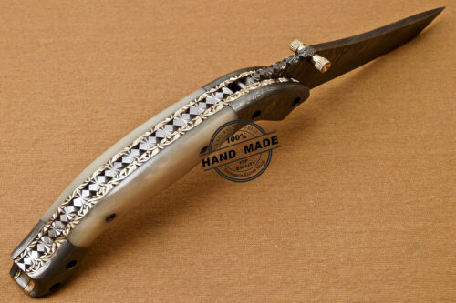 Custom Handmade Damascus Folding Liner Lock Knife With Camel Bone Handle 802 - Image 6