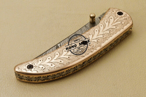 Custom Handmade Engraving Damascus Folding Liner Lock Knife With Copper Handle 815 - Image 10