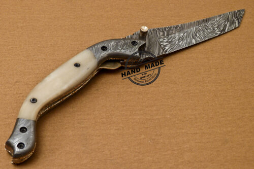 Custom Handmade Damascus Folding Liner Lock Knife With Camel Bone Handle 802 - Image 5