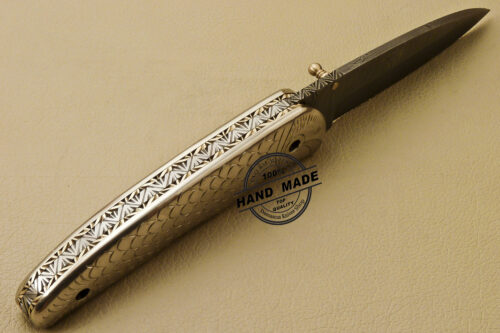 Custom Handmade Engraving Damascus Folding Liner Lock Knife With Copper Handle 814 - Image 6