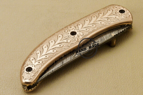 Custom Handmade Engraving Damascus Folding Liner Lock Knife With Copper Handle 815 - Image 11