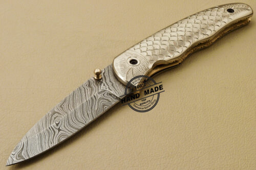 Custom Handmade Engraving Damascus Folding Liner Lock Knife With Copper Handle 814 - Image 3