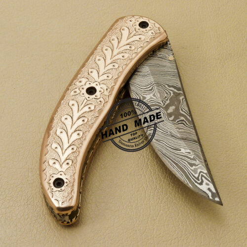 Custom Handmade Engraving Damascus Folding Liner Lock Knife With Copper Handle 815 - Image 8