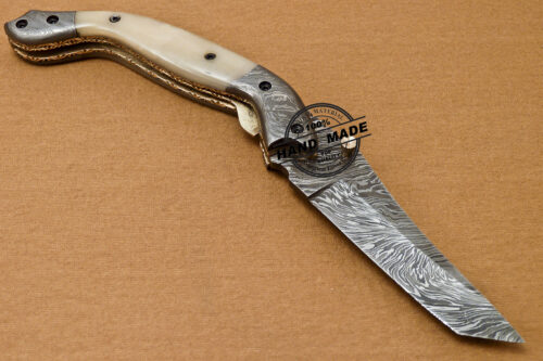 Custom Handmade Damascus Folding Liner Lock Knife With Camel Bone Handle 802 - Image 4