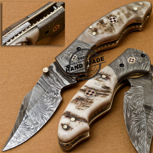Damascus Folding Liner Lock Knife Custom Handmade Damascus Knife with Ram Horn Handle 803