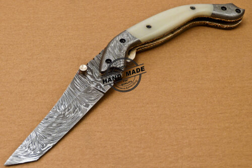 Custom Handmade Damascus Folding Liner Lock Knife With Camel Bone Handle 802 - Image 3