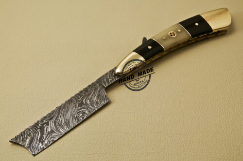 Custom Handmade Folding Damascus Razor Knife With Bone & Horn Handle 818 - Image 3