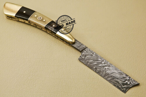 Custom Handmade Folding Damascus Razor Knife With Bone & Horn Handle 818 - Image 4