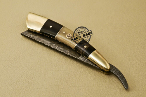 Custom Handmade Folding Damascus Razor Knife With Bone & Horn Handle 818 - Image 6