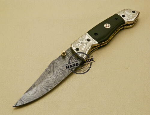 Damascus Folding Knife Custom Handmade Damascus Steel Hunting Knife With Copper Hand Engraved Mictra Handle 876 - Image 3