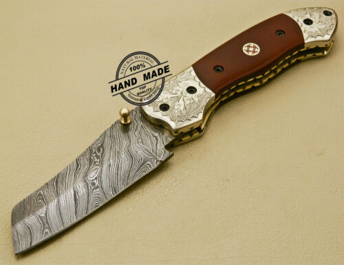 Damascus Folding Knife Custom Handmade Damascus Steel With Copper Hand Engraved Mictra Handle 877 - Image 3